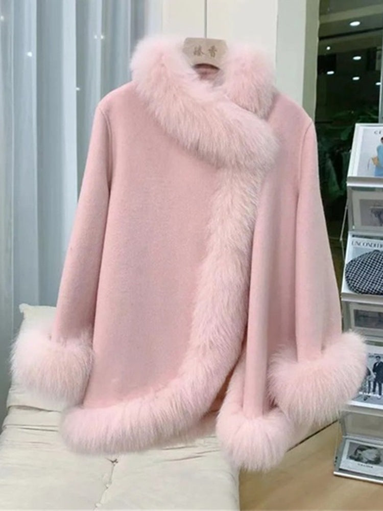 Manteau mi-long en fausse fourrure pour femme avec col en fourrure