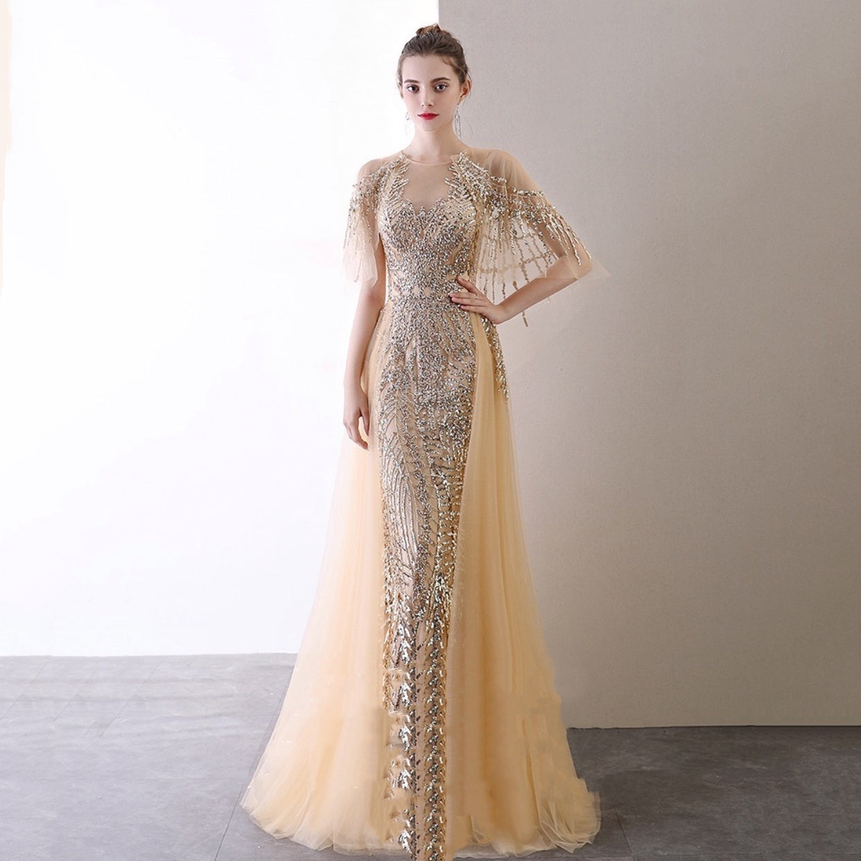 Robe de soirée perlée pour femme, dorée et bleu foncé