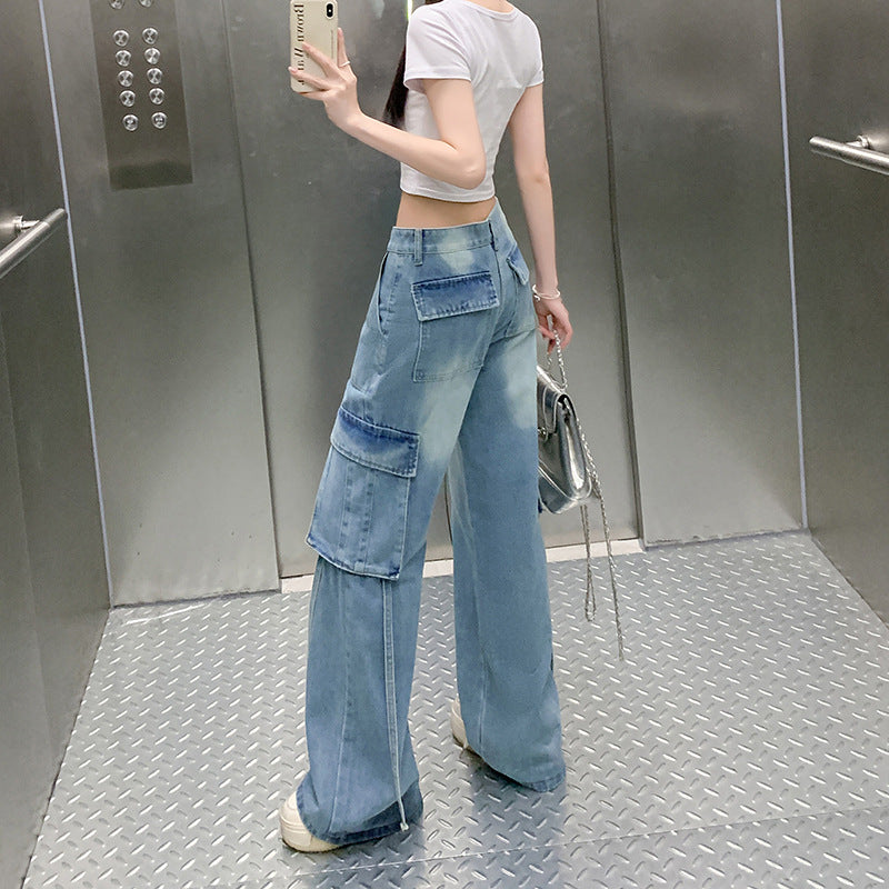 Figure-Flattering Blue High-Waist Straight-Leg Denim Pants with Large Pockets