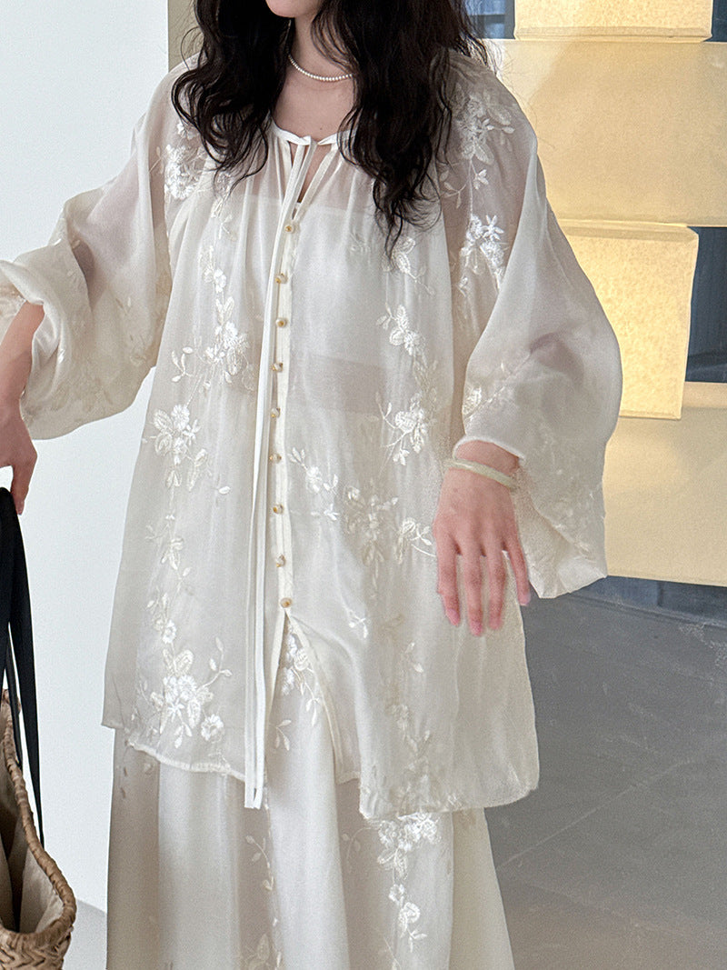 Chinese Style Embroidery Apricot Lantern Sleeve Mid-Length Dress Set M-L