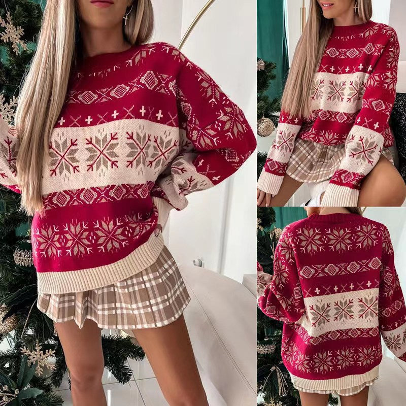 Pull Femme Jacquard Rouge Ample Col Rond Manches Longues