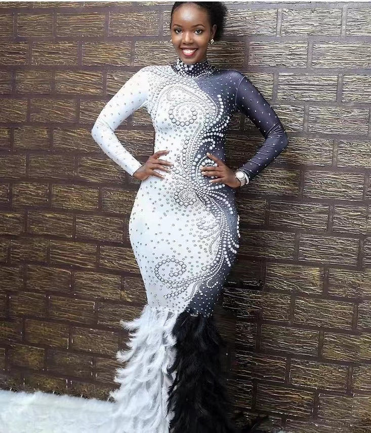 Robe Noire et Blanche en Plumes Entièrement Ornée de Diamants à Manches Longues