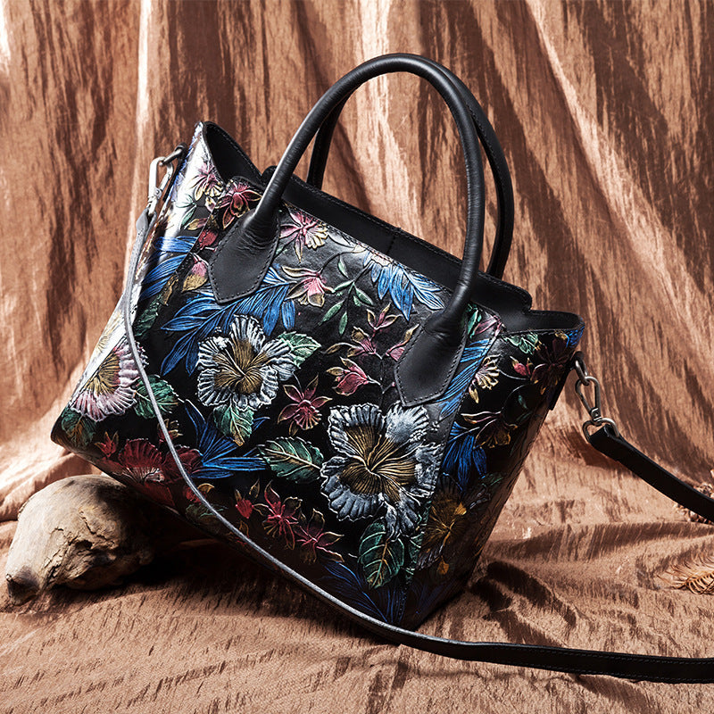 Ethnic Style Women's First Layer Cowhide Floral Messenger Shoulder Bag