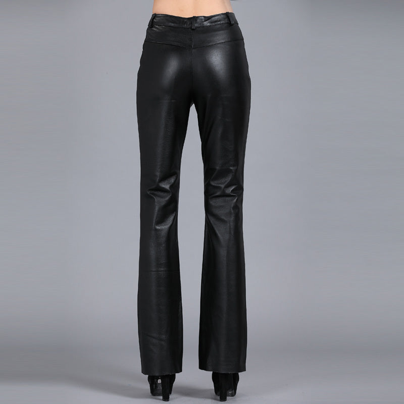 Women's Black Sheepskin Bootcut Leather Pants Natural Waist