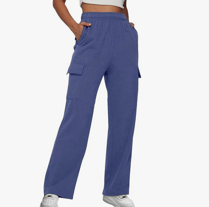 Women's High Waist Pocket Overalls Casual Pants Polyester