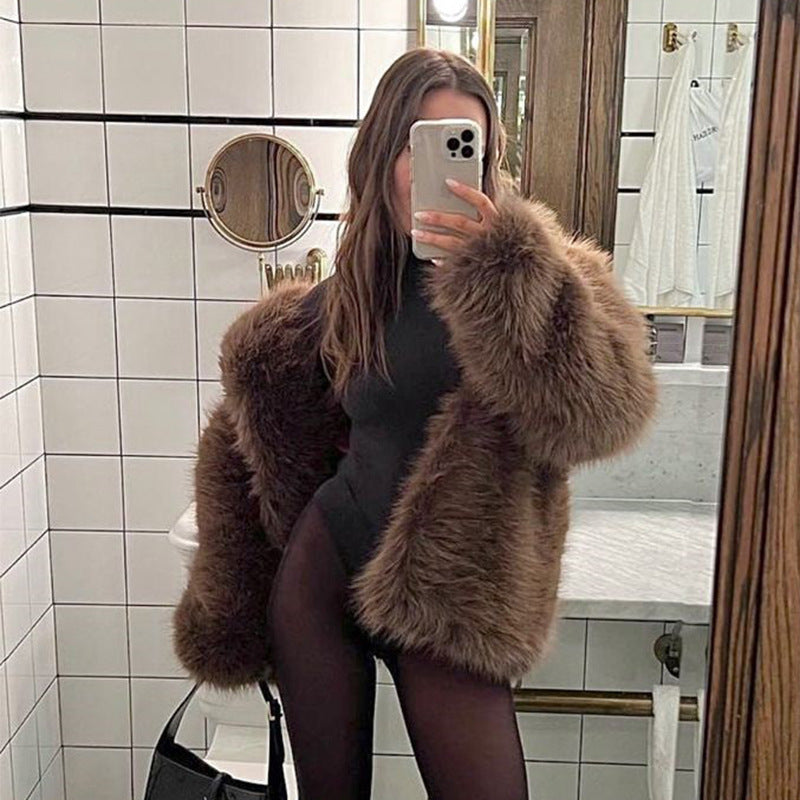 Women’s Thick Artificial Fur Warm Coat with Fur Collar