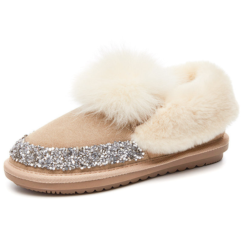 Women’s Short Fox Fur Snow Boots Shallow Mouth Flat Heel