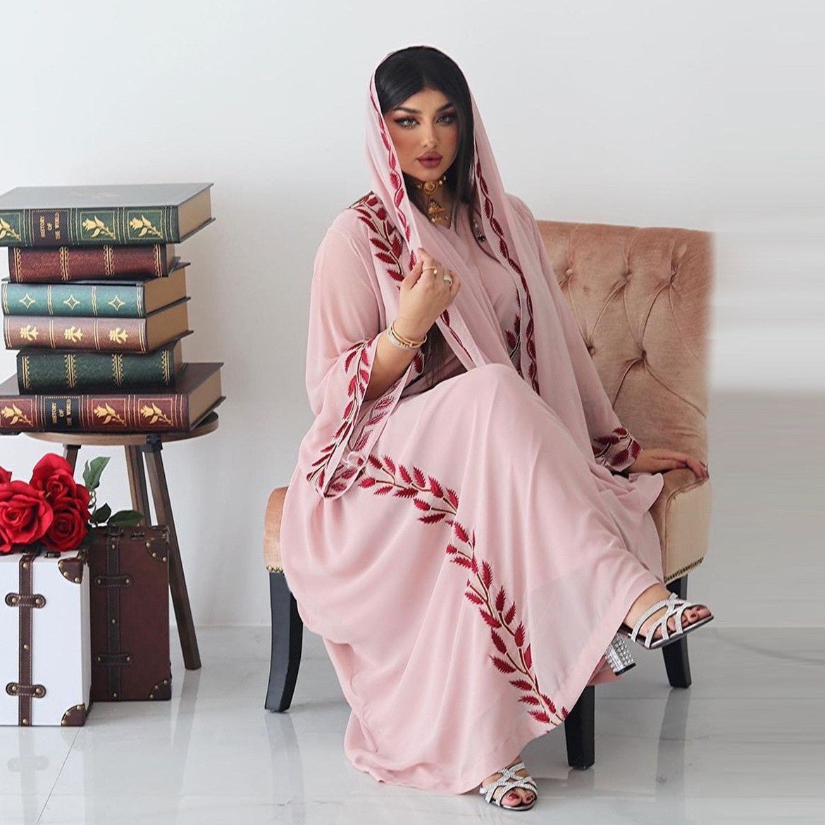 Elegant Pink Embroidered V-Neck Muslim Women's Dress with Headband
