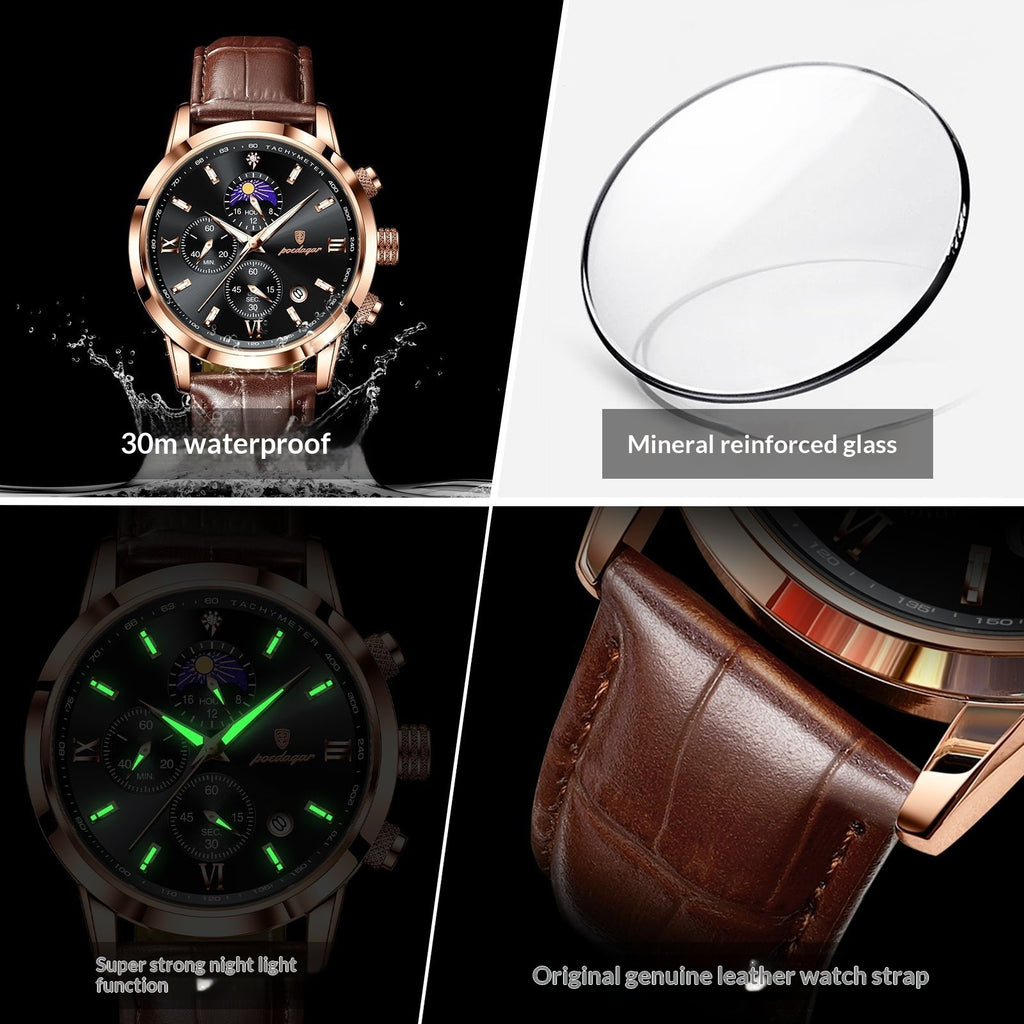 Men's 42mm Alloy Watch with Moon Phase & Multi-Function Chronograph