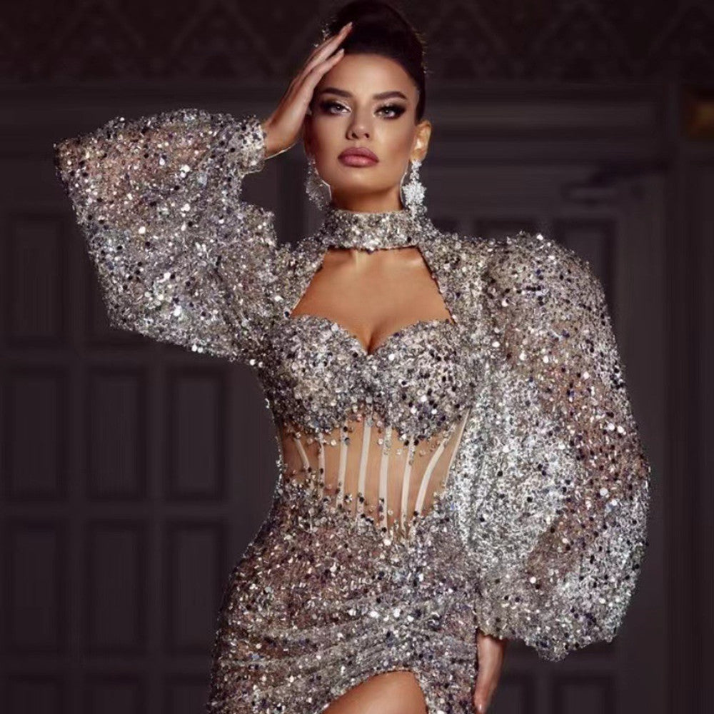 Robe longue gris argenté pour femme avec manches longues bouffantes