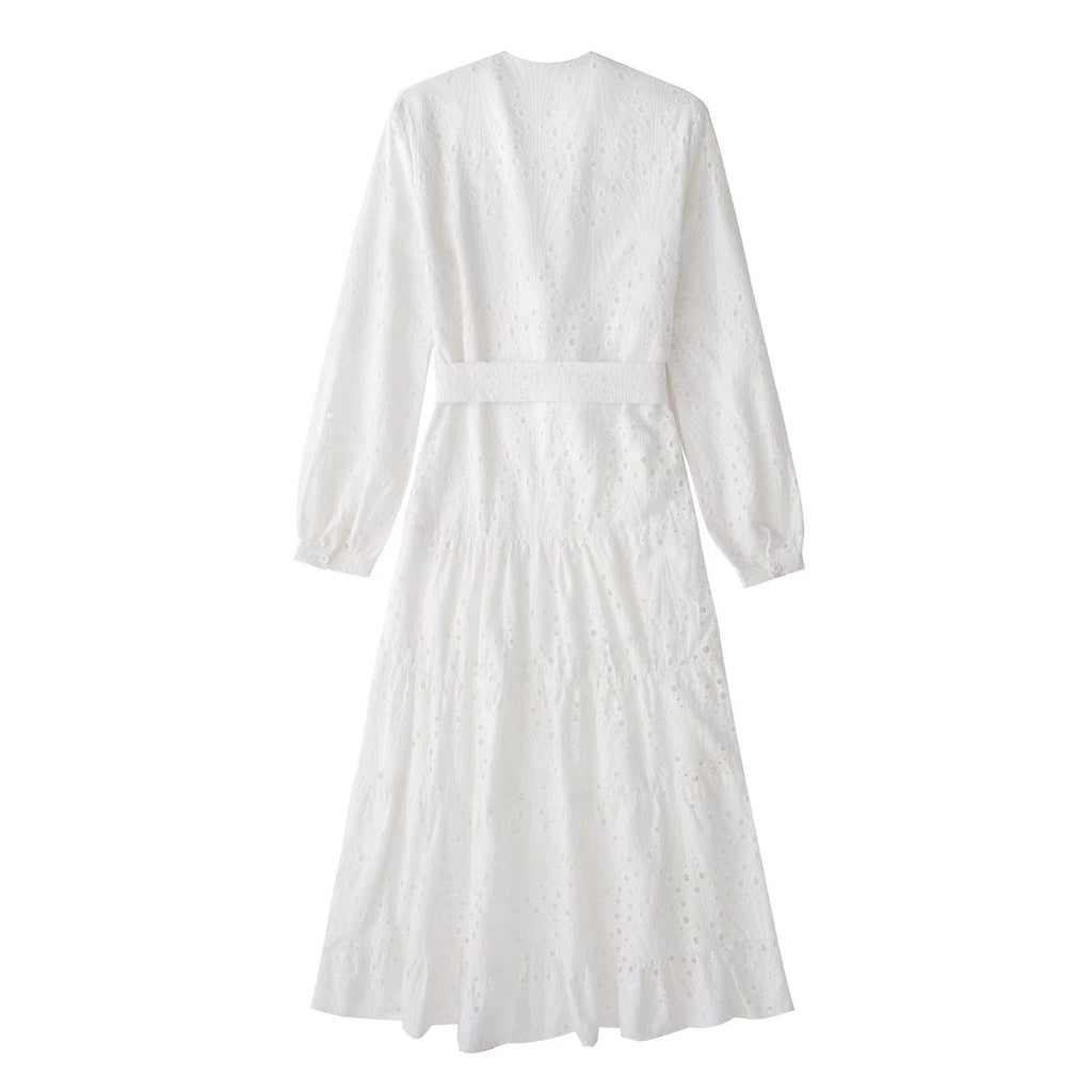 European & American White Cotton Embroidered Midi Dress with Long Sleeves and V-Neck