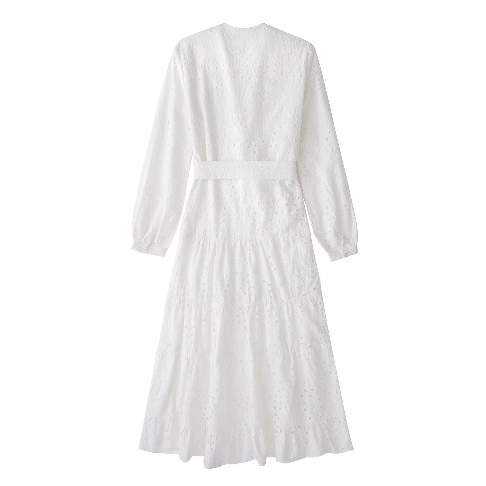 European & American White Cotton Embroidered Midi Dress with Long Sleeves and V-Neck