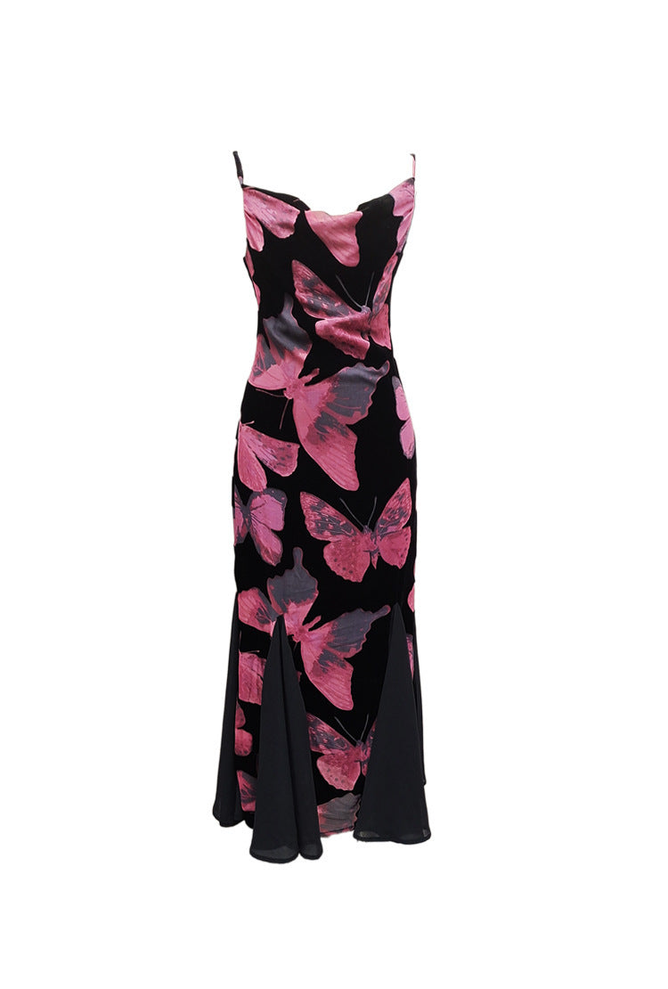 High-Grade Adult Women's Wind Flocked Printed Butterfly Dress