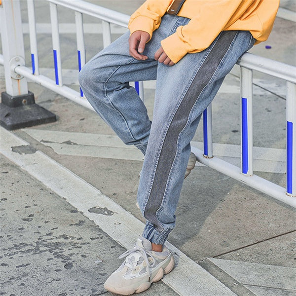 Jean crayon en coton bleu à empiècements M-2XL