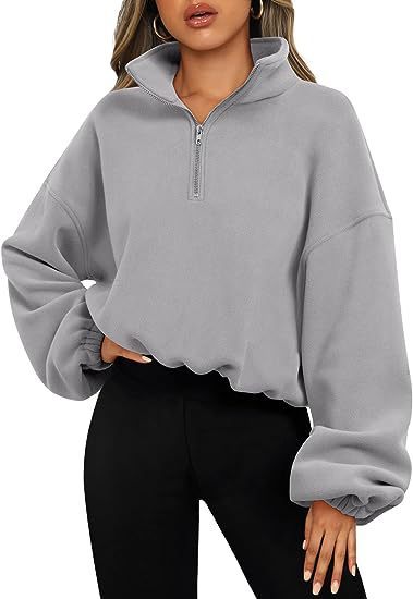 Women’s Loose Sport Pullover Hoodie Winter Zipper Stand Collar Thick Warm Sweatshirt Solid Color