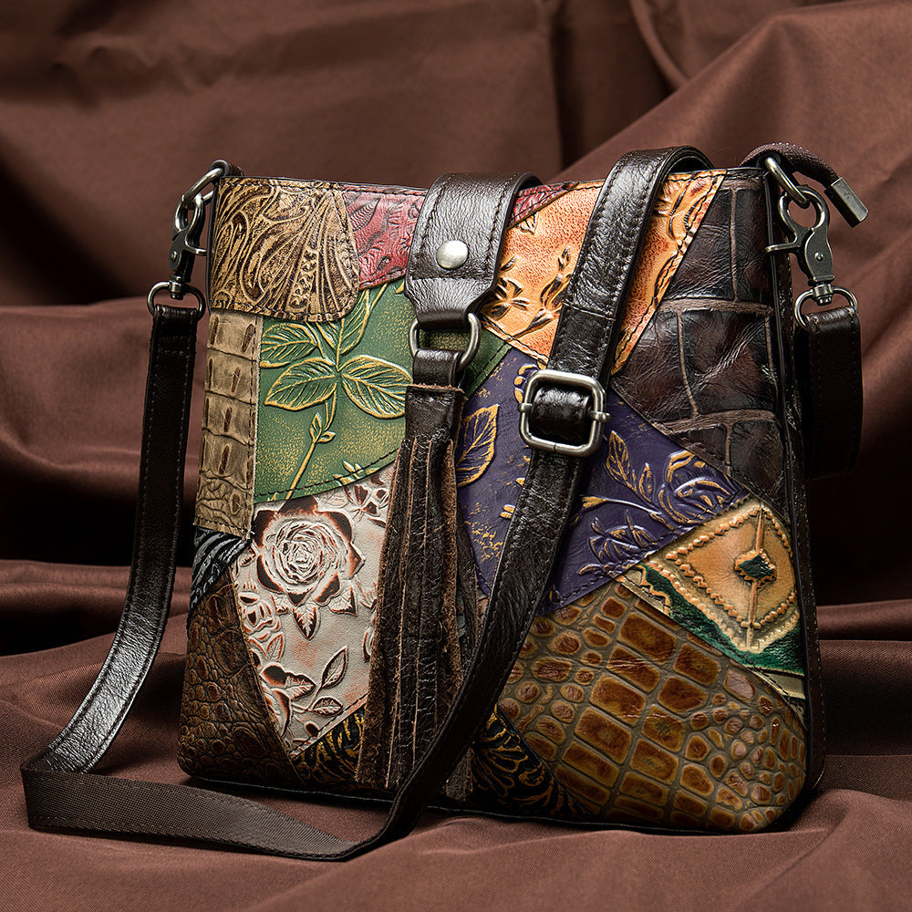Top Layer Cowhide Square Tassel Color Block Shoulder Bag 23.5x7.5x23cm