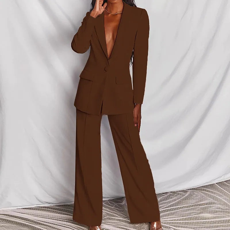 Ensemble blazer décontracté à revers et boutons et pantalon droit pour femme (2 pièces)