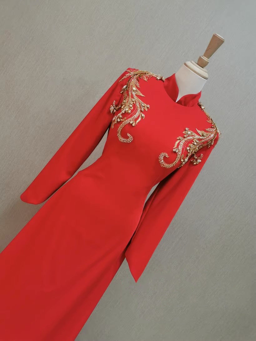 Robe de soirée de banquet pour femme, manches longues, rouge