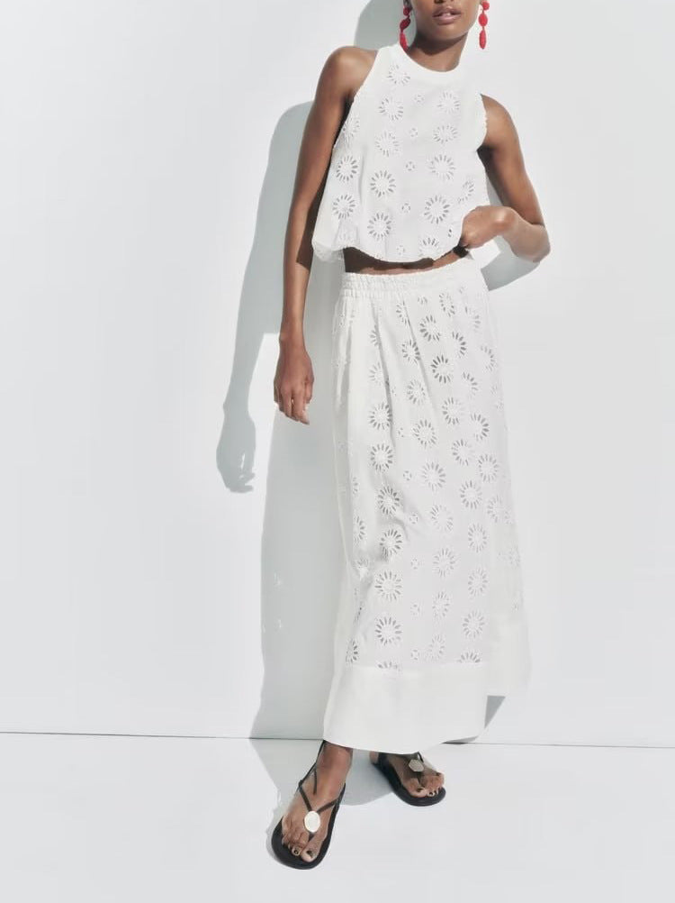 White Hollow-out Embroidered Top High Waist Skirt