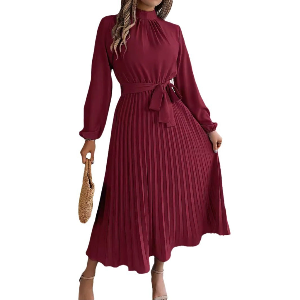 Stand Collar Long Sleeve Cinched Pleated Dress