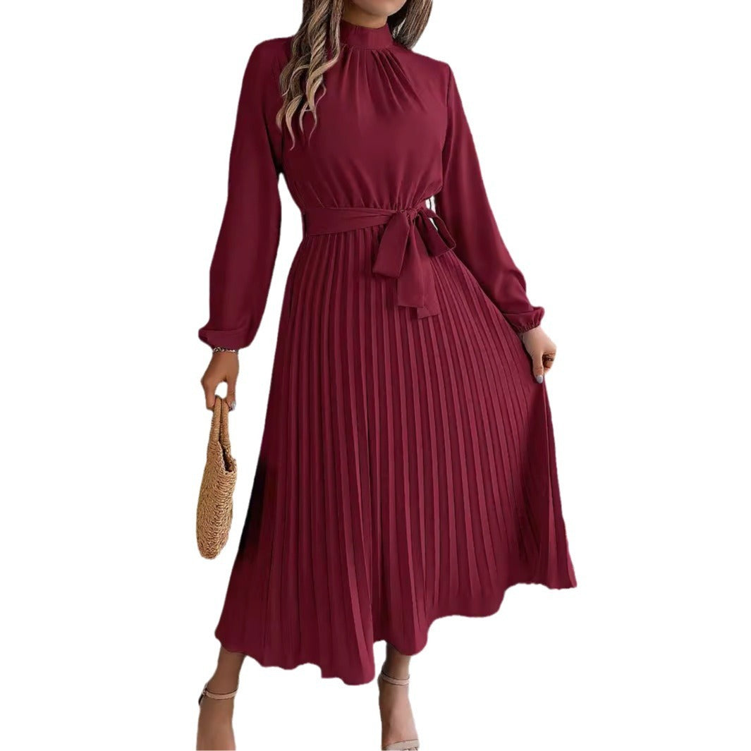 Stand Collar Long Sleeve Cinched Pleated Dress