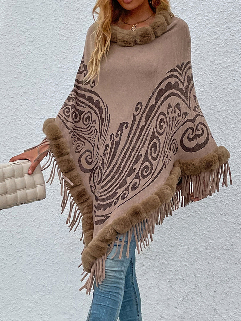 Khaki Wool Collar Tassel Shawl Pullover Sweater Cloak