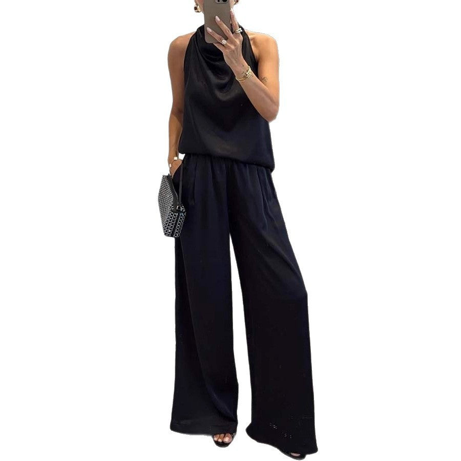 Ensemble deux pièces sans manches en satin avec pantalon ample pour femme