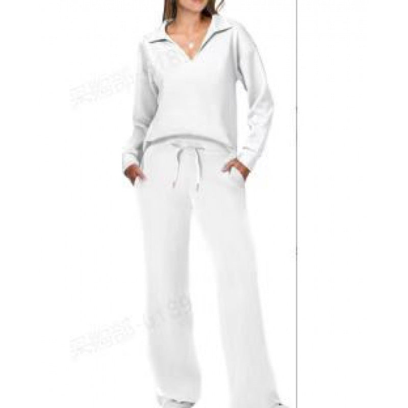 Women's V-Neck Tracksuit Set Long Sleeve Pullover & Drawstring Straight-Leg Trousers Solid Colors