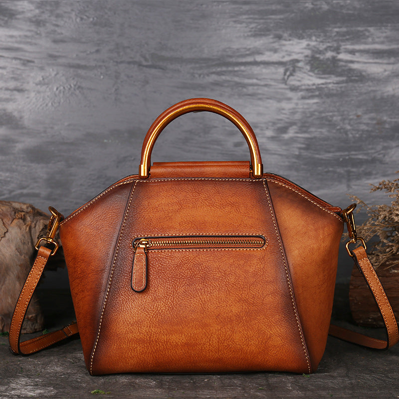 Sac fourre-tout en cuir véritable gaufré avec poignée supérieure motif totem rétro taille moyenne