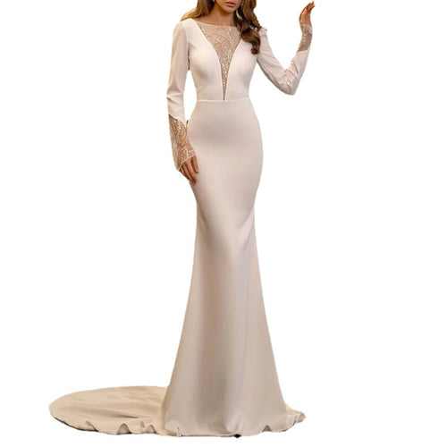 Robe de soirée longue blanche, col rond, manches longues, coupe ajustée