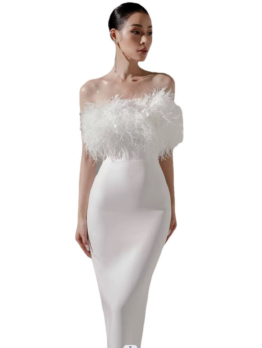 Light Luxury White Collarless Tassel Wrap Hip Evening Dress