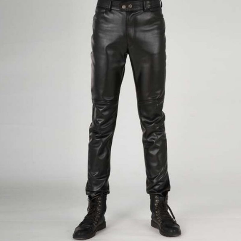 Pantalon de moto pour homme en similicuir noir avec surpiqûres