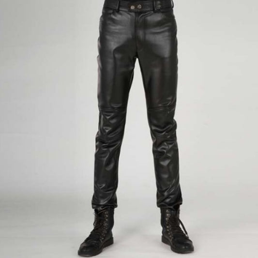 Men's Leather Pants Motorcycle Leather Stitching PU Trousers