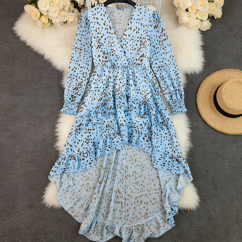 Womens Blue Printed V-Neck Long-Sleeve Lace Maxi Dress