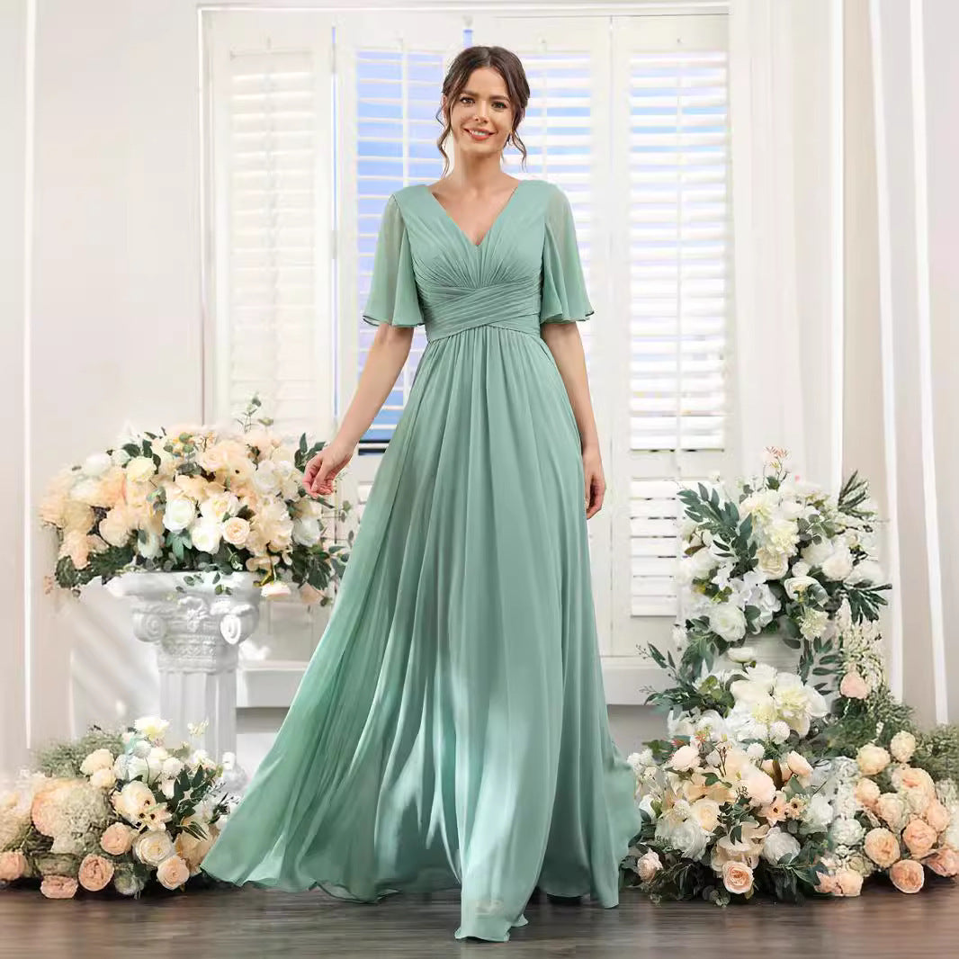 Robe de soirée longue en mousseline de soie à col en V et manches papillon