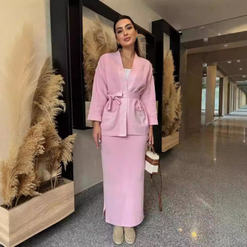 Thermal Knitted Lace-Up Cardigan & Long Skirt Two-Piece Sweater Set