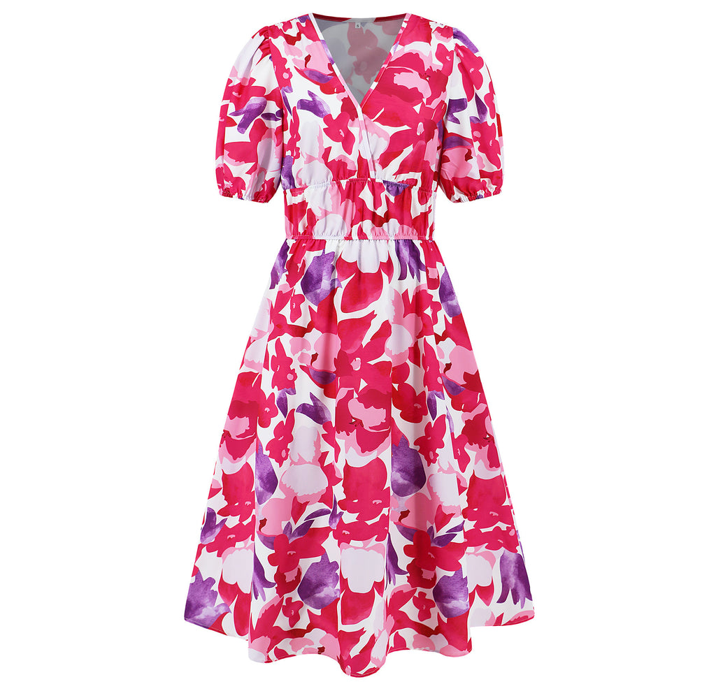 Robe d'été femme col en V imprimé floral bohème avec manches bouffantes