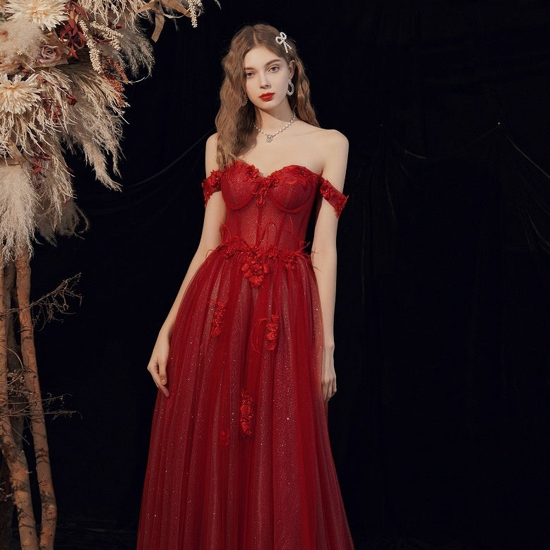 Mom's Wine Red Wedding Toast Dress with Handmade Flowers for Annual Meeting