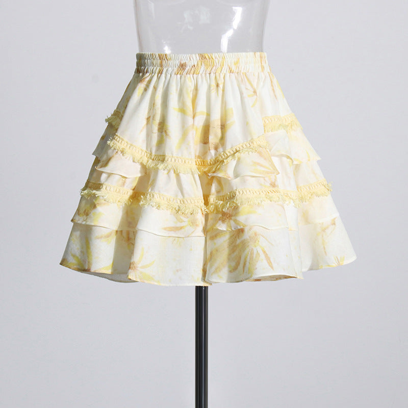 Women’s Fashion Floral Ruffles Skirt Suit with Lantern Sleeves