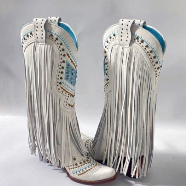 Retro Embroidered Rhinestone Tassel Slip-On Boots for Women