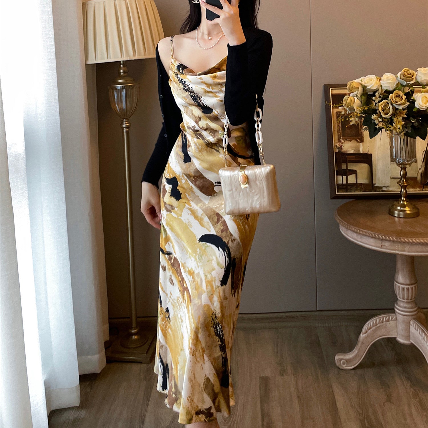 Women's Retro French Floral High-Waisted Suspender Dress