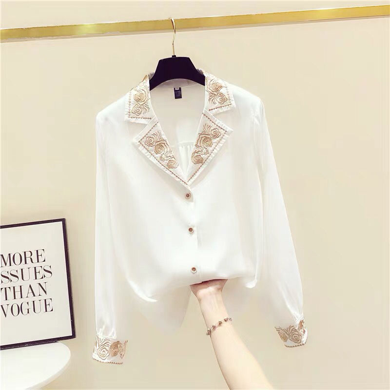Western Style Embroidery Chiffon Long-sleeved Shirt Women's V-neck All-match Blouse