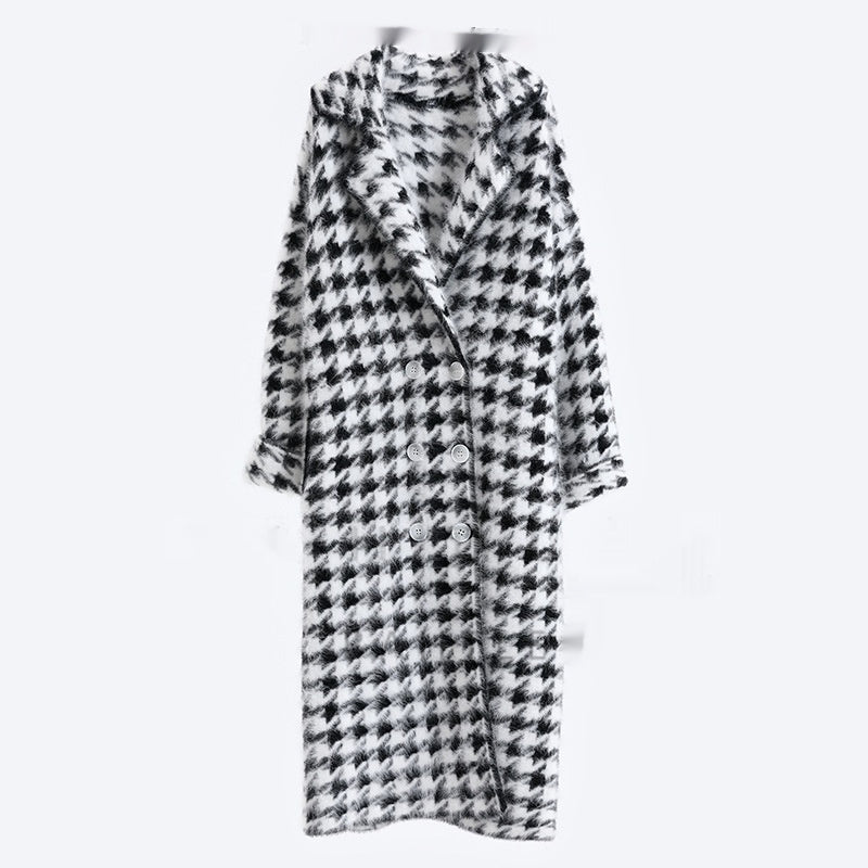 Long manteau de fourrure de vison épaisse noire et blanche pour femme