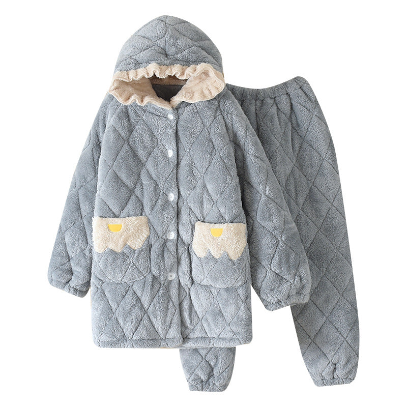 Pyjama femme grande taille en coton, velours corail épais matelassé, motif dessin animé, mi-long, en flanelle, idéal pour la maison.