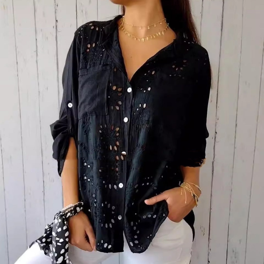 Women's Casual Long Sleeve Button-Down Shirt with Hollow-Out Pockets