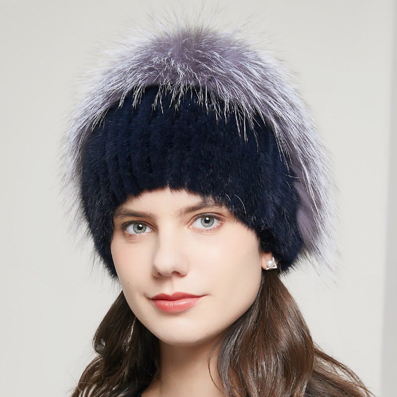 Bonnet d'hiver chaud en fourrure de renard avec strass et tricot extensible pour femme