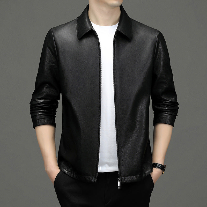 Men's Lapel Real Cowhide Leather Coat Jacket Ecological