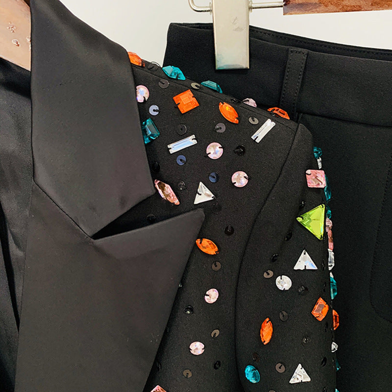 Beaded Color Diamond Two-Piece Suit Coat and Pants Black Polyester