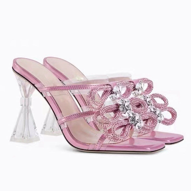 Square Head Rhinestone Toe High Heels for Women, Patent Leather, 8.5-9cm Heel, Multiple Colors