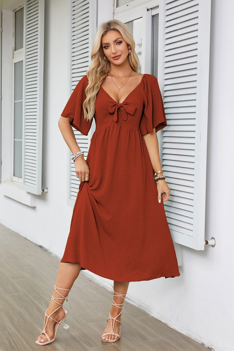 Women's Spring Summer Bow V-Neck Pleated Mid-Length Short Sleeve Dress